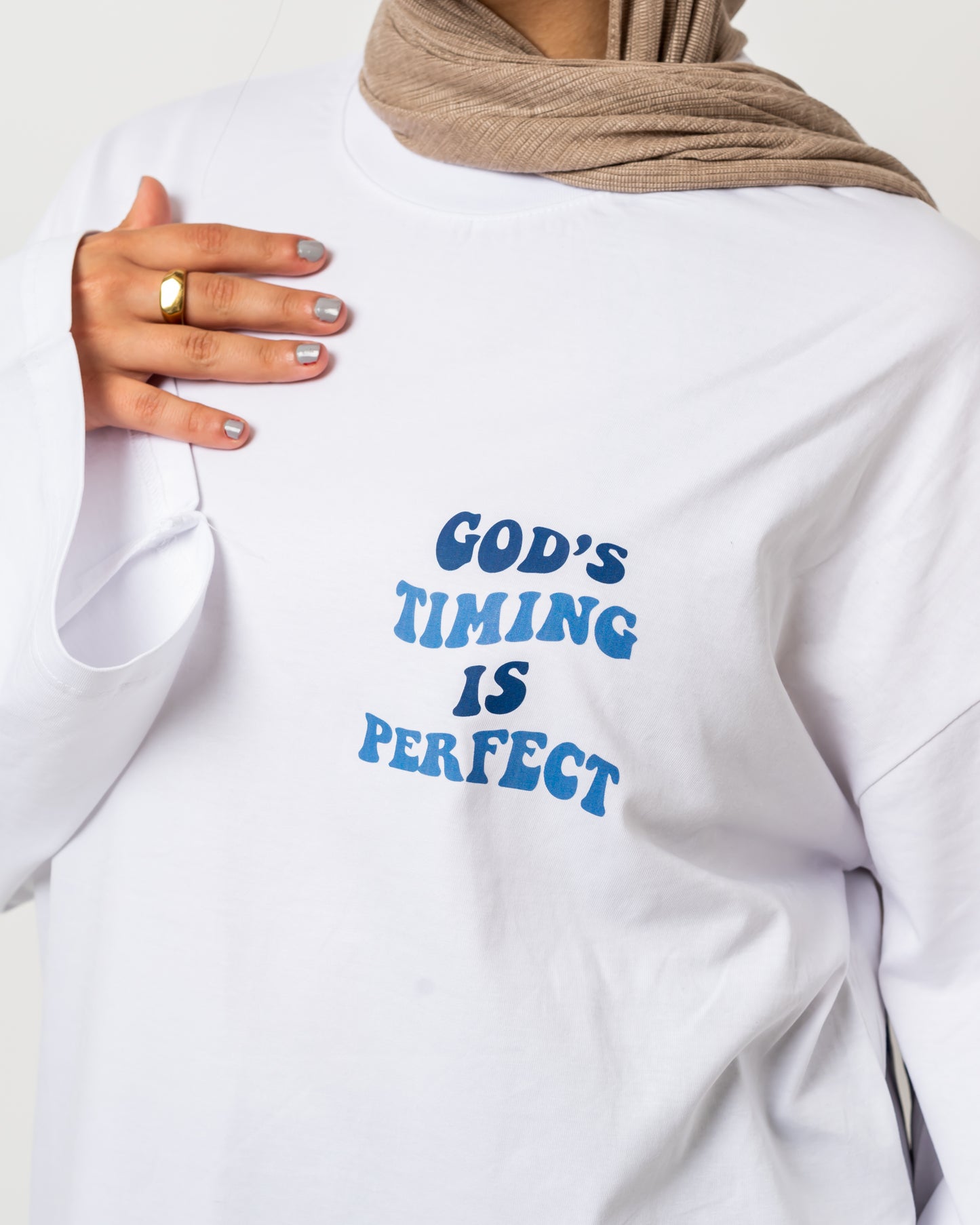 God’s timing white widesleeves t-shirt