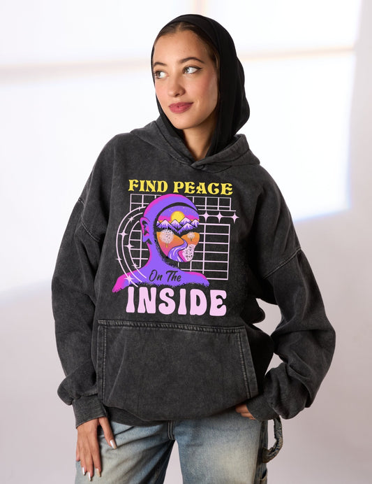 Find peace inside washed grey hoodie