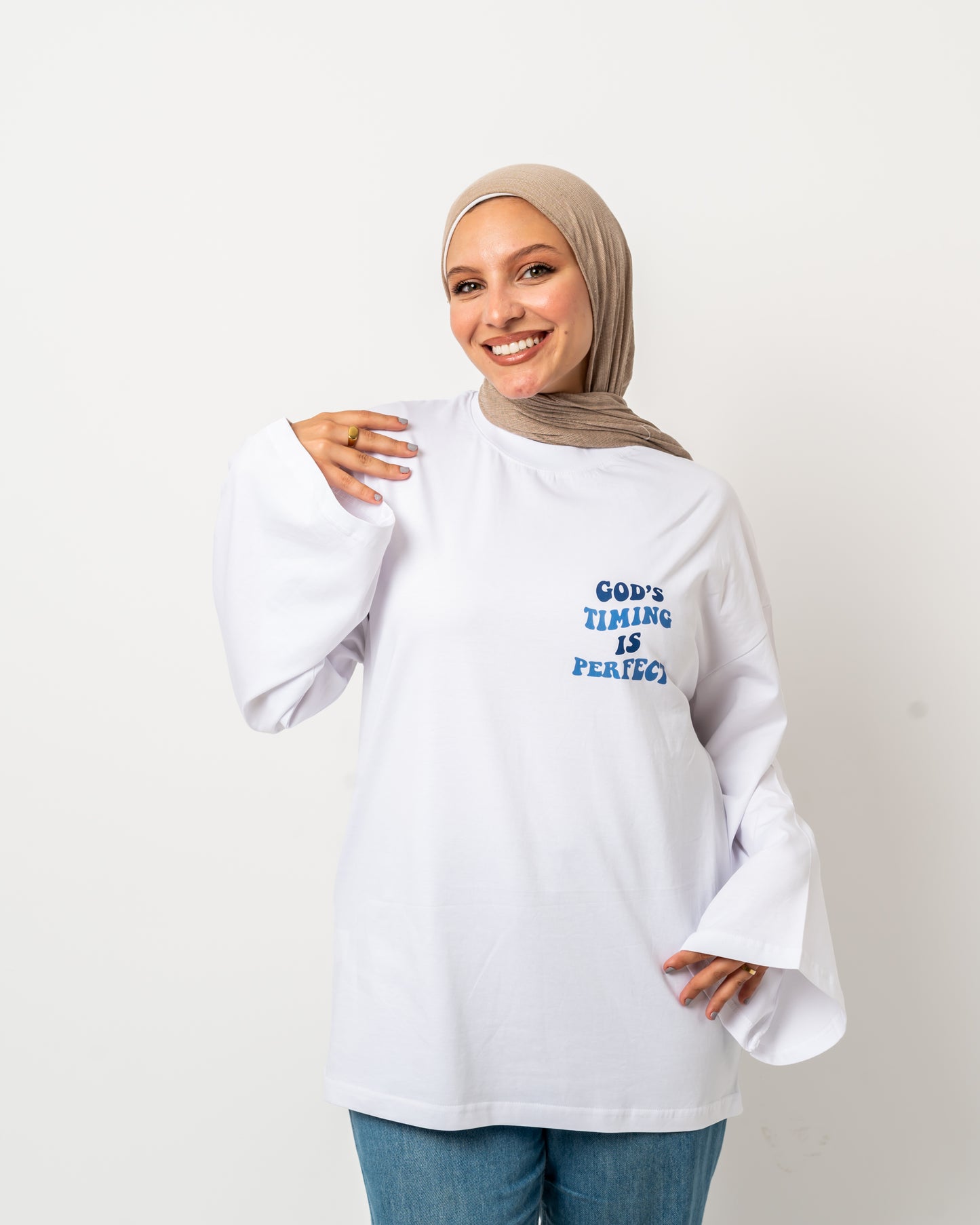 God’s timing white widesleeves t-shirt