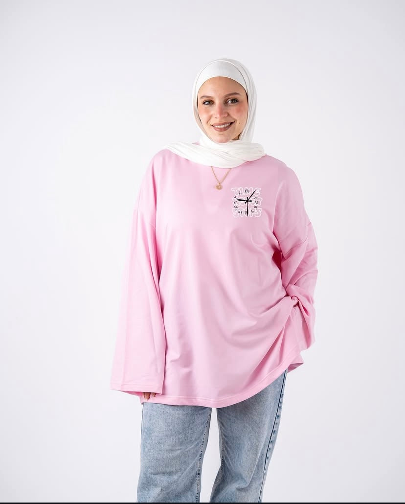 Time never stop pink wide sleeved t-shirt