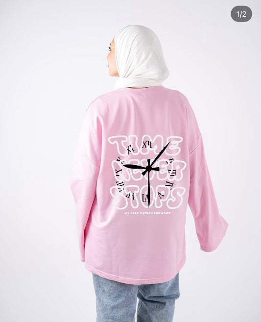 Time never stop pink wide sleeved t-shirt