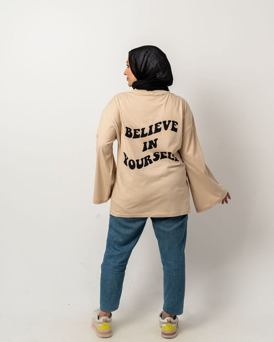 believe in yourself beige widesleeves t-shirt