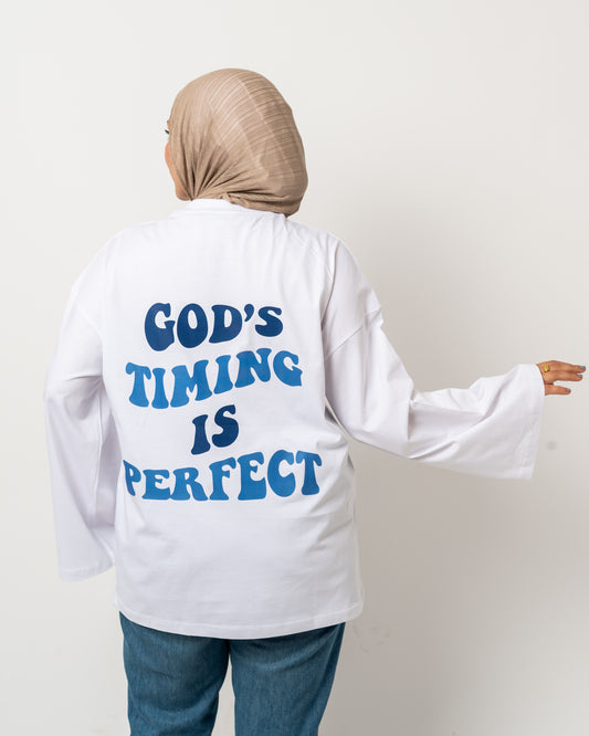 God’s timing white widesleeves t-shirt