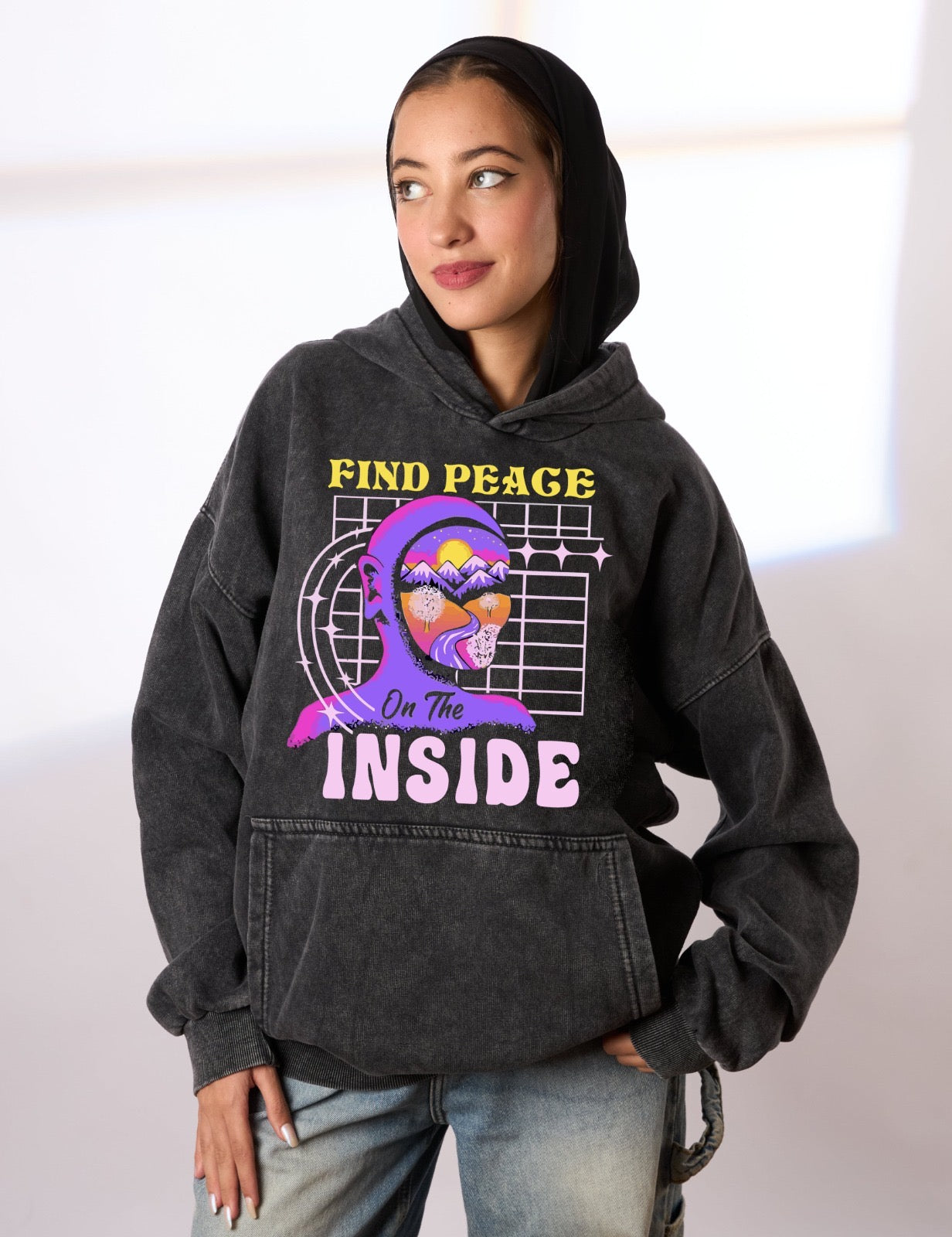 Find peace inside washed grey hoodie