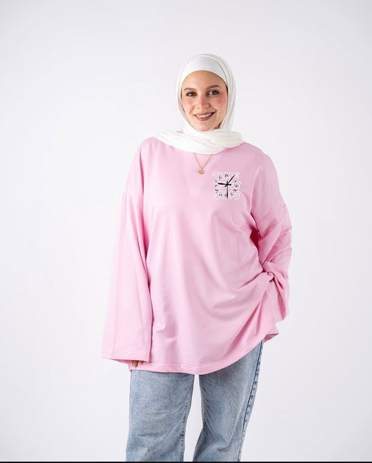 Time never stop pink wide sleeved t-shirt