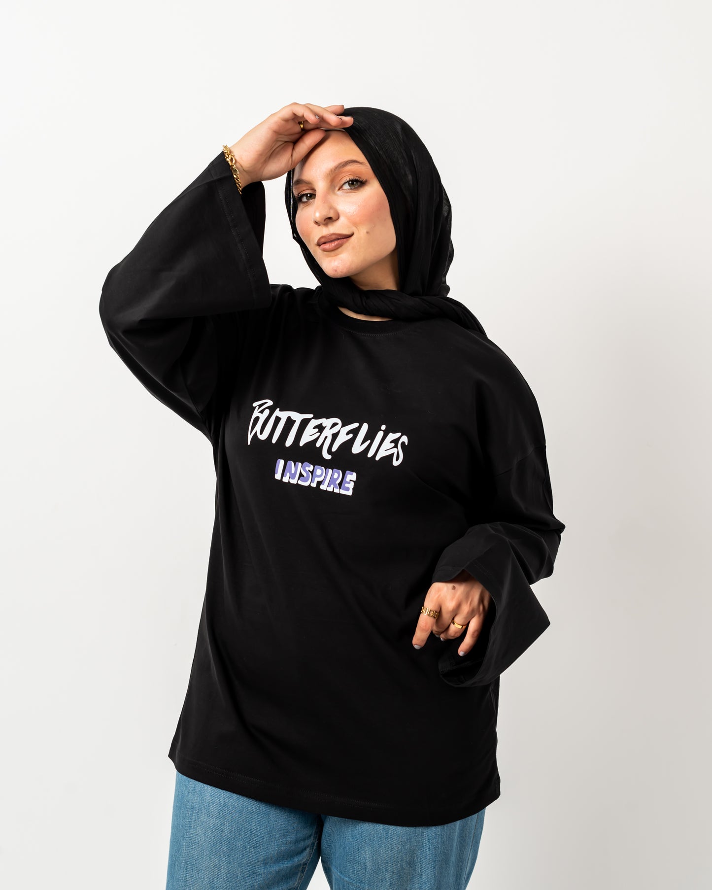 Butterflies inspire black widesleeves t-shirt