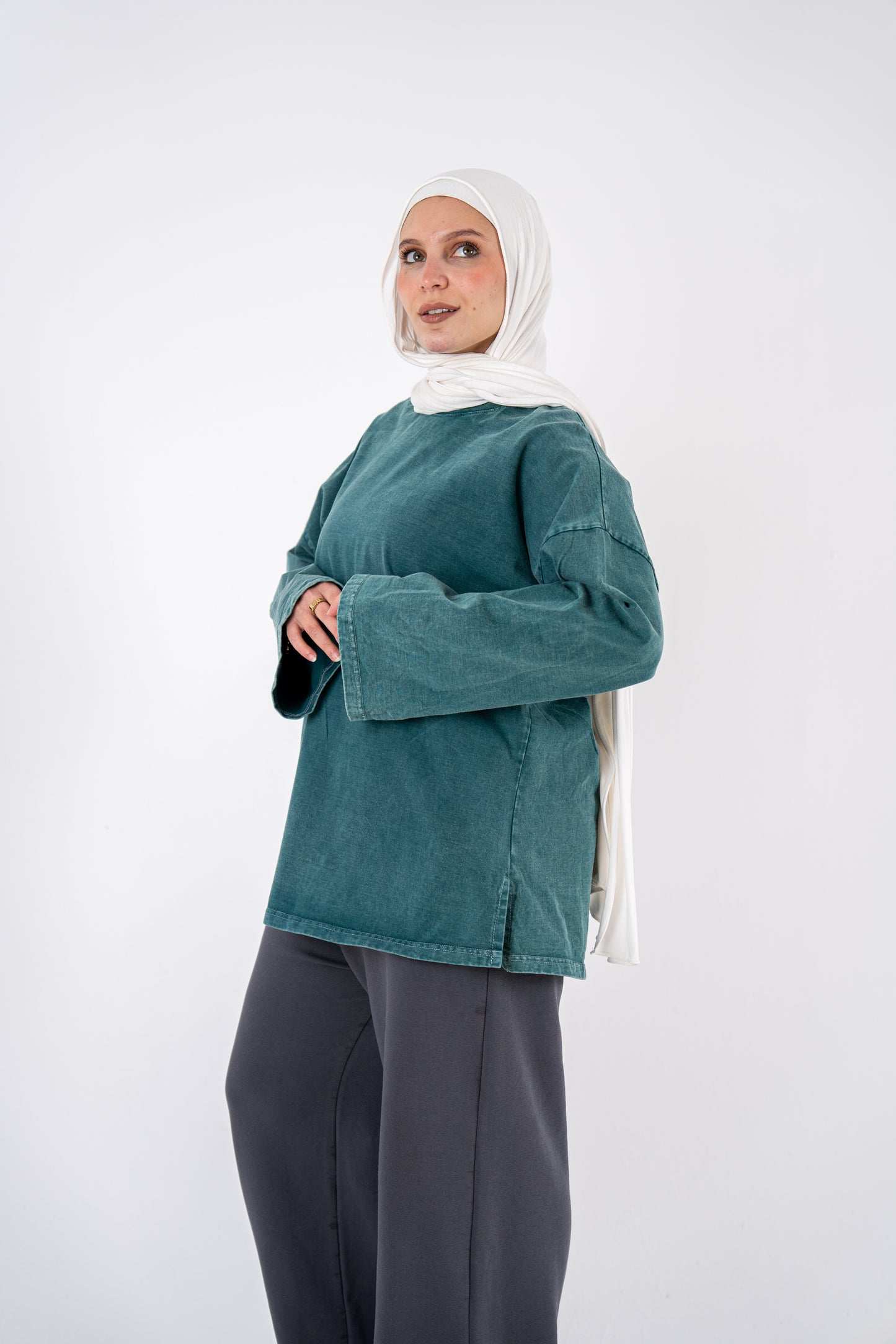 OLIVE washed BASIC WIDESLEEVES T-SHIRT