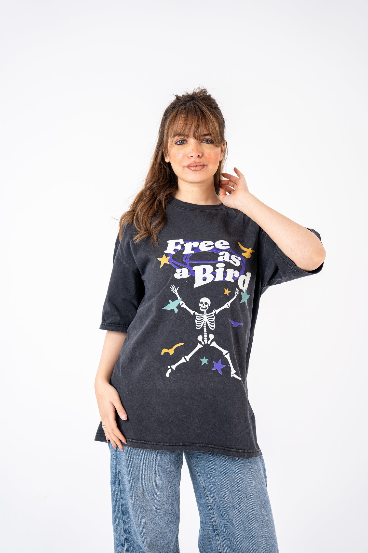free as a bird grey washed t-shirt