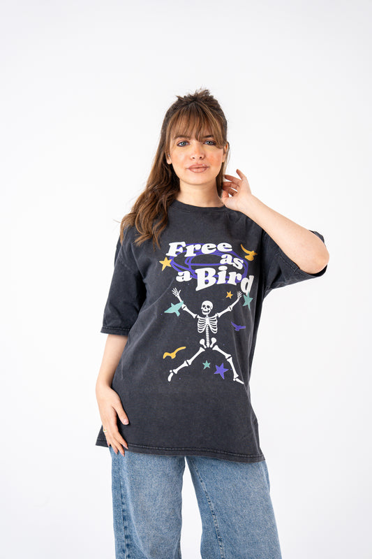 free as a bird grey washed t-shirt