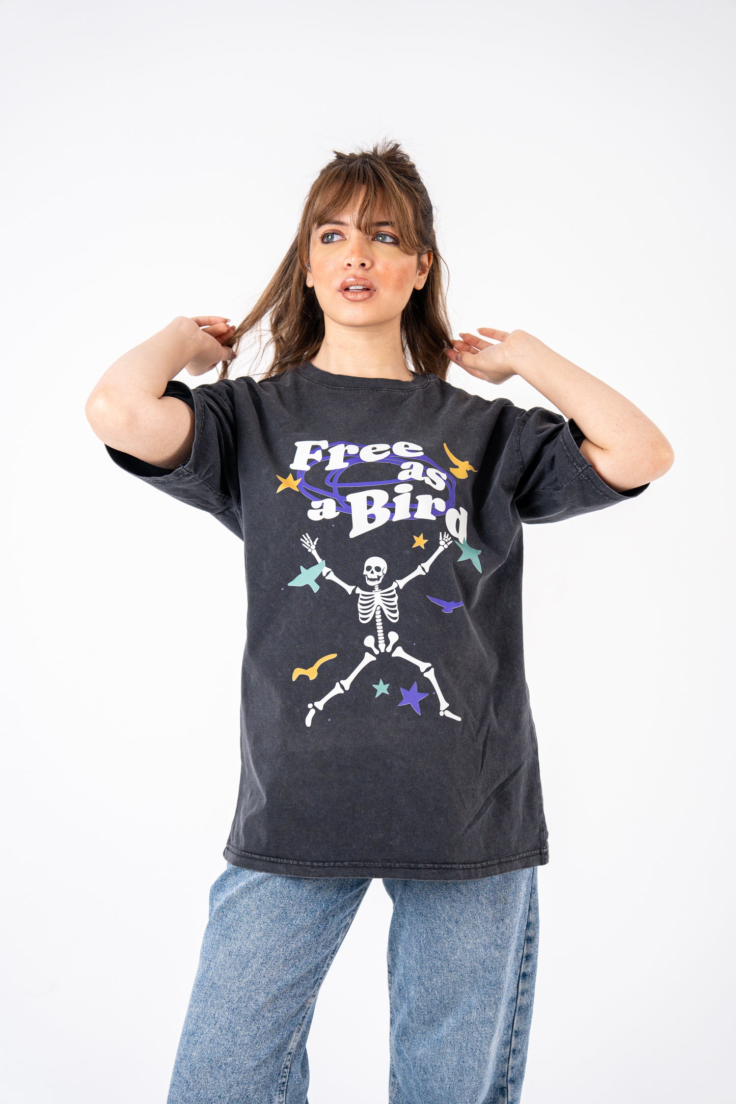 free as a bird grey washed t-shirt