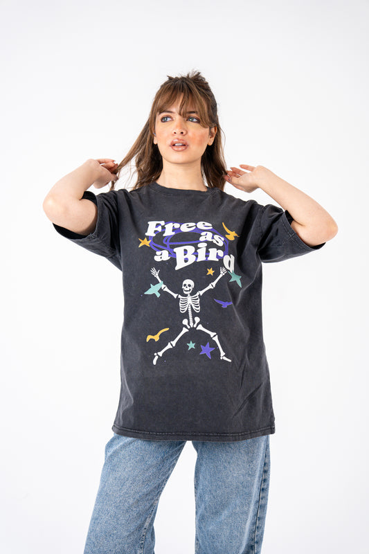 free as a bird grey washed t-shirt