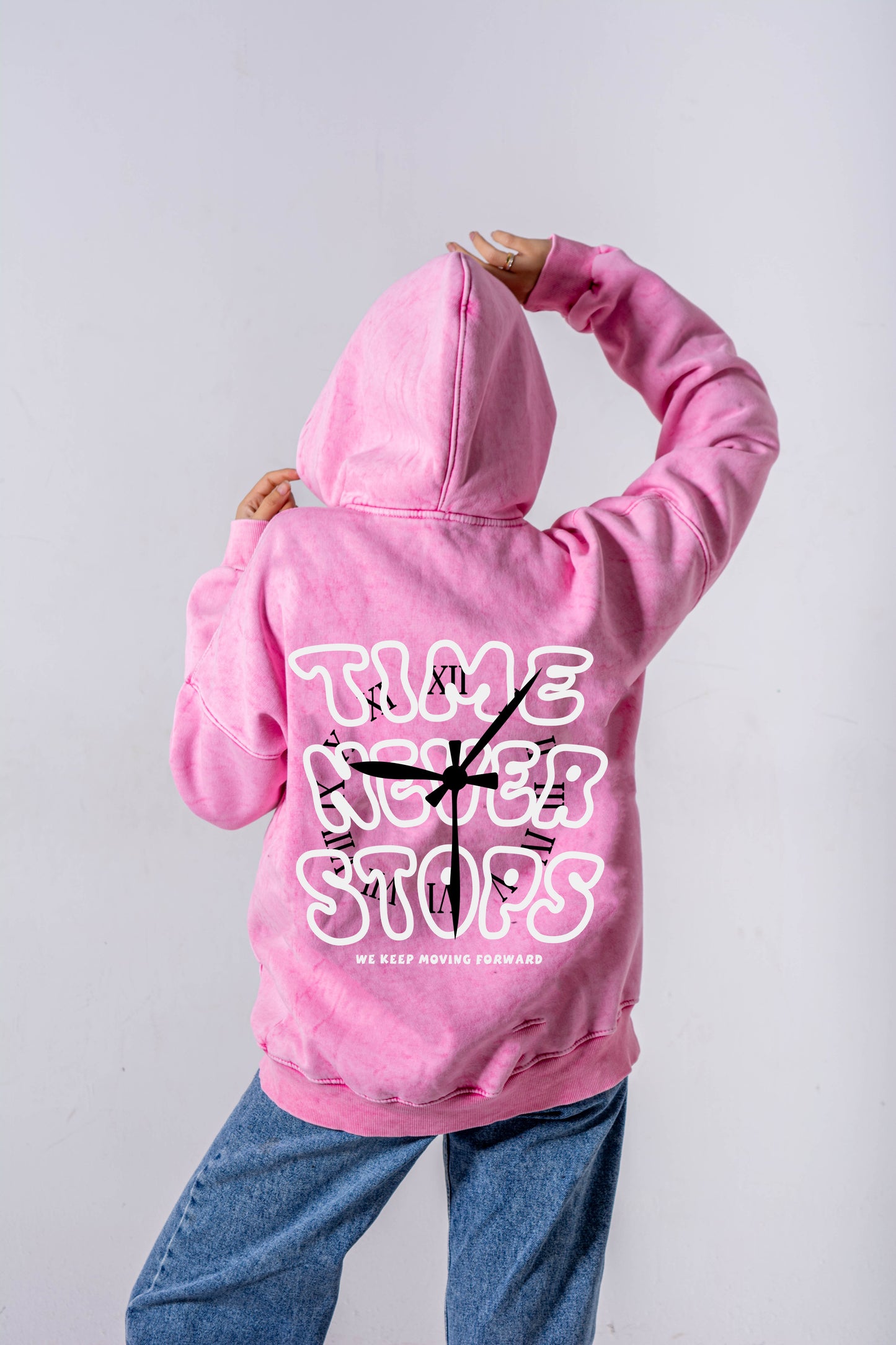 Time never stop pink washed hoodie